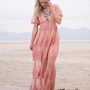 Elegant Pink Lace Maxi Dress